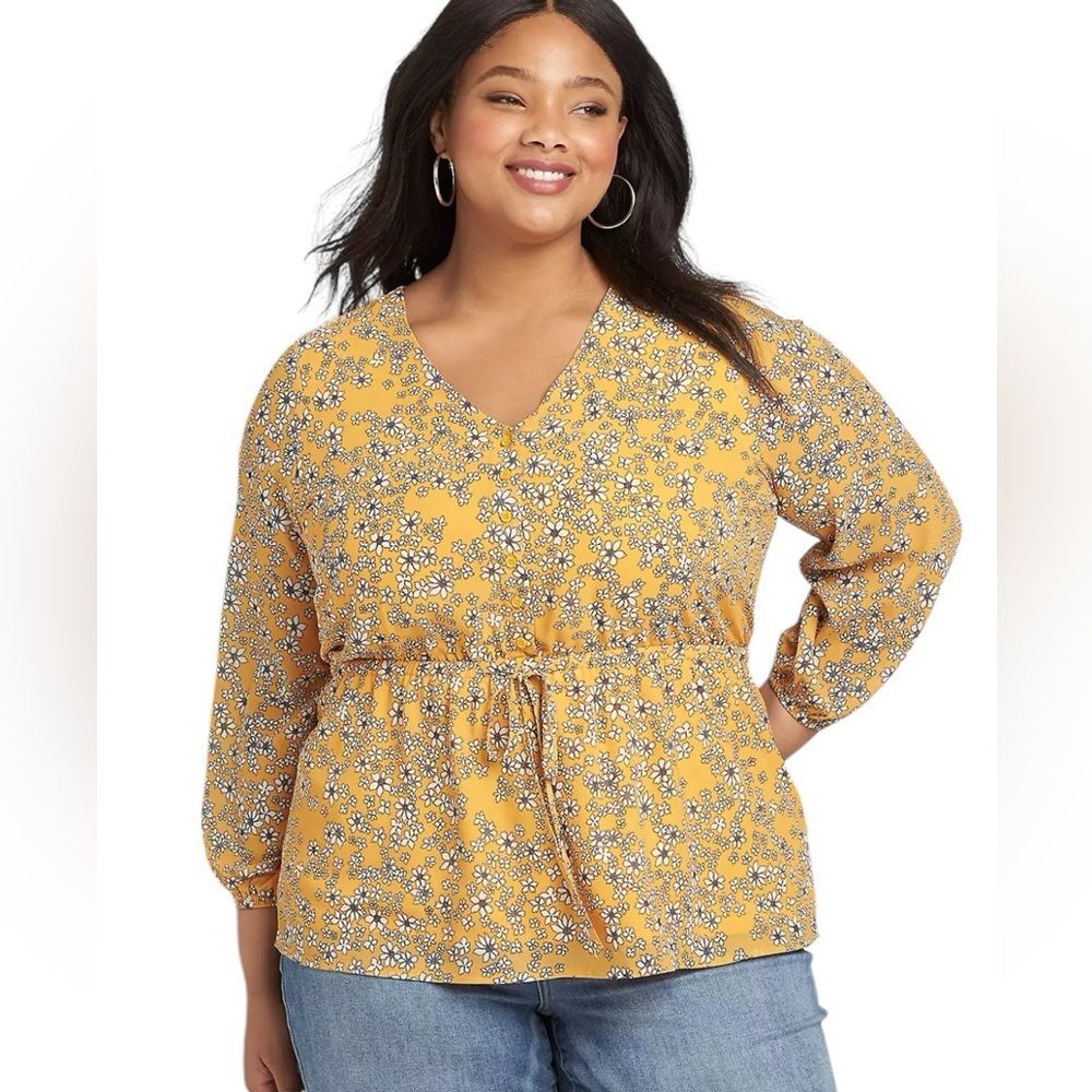 Lane Bryant Floral Printed ButtonFront Peplum Blouse Womens Size 22 Yellow